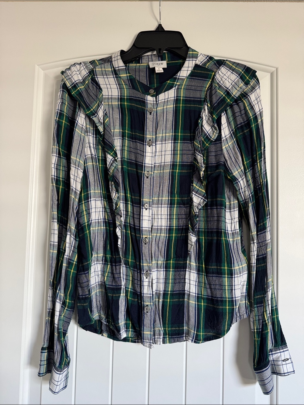J. Crew Green Navy Plaid Ruffle Button-Down Shirt